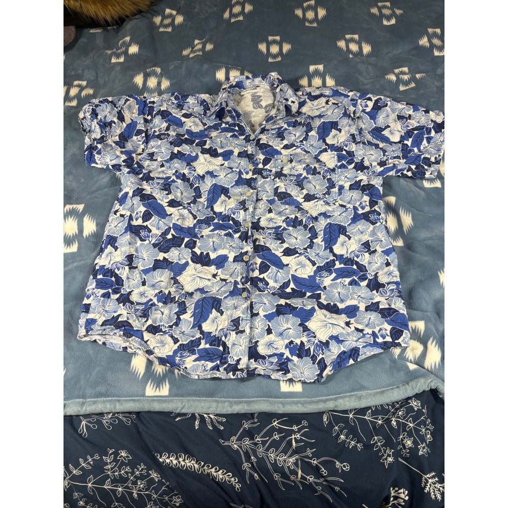 Coastline Mens Blue White Hibiscus Floral Cotton Short Sleeve Hawaiian Shirt L